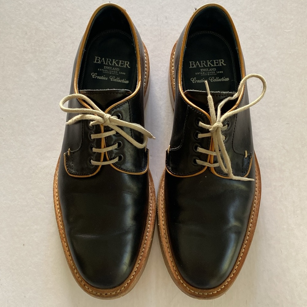 BARKER Men's Black Leather Derby Shoes with Tan Trim 9UK /10US. Made in England